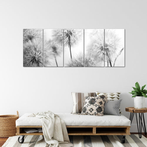 Runa Art Wandbild XXL Blumen Pusteblumen Wohnzimmer Schlafzimmer 200 x 80 cm Schwarz Weiss 5 Teilig - Made in Germany - 042055c