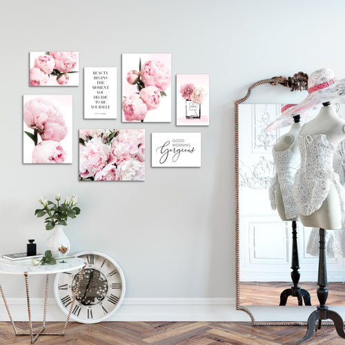 Novart Wandbilder Fashion Blumen - KOMPLETT AUFHÄNGFERTIG - Rosa Wohnzimmer Mädchen Teenager - 7 Moderne Mood-Bilder - N009471a