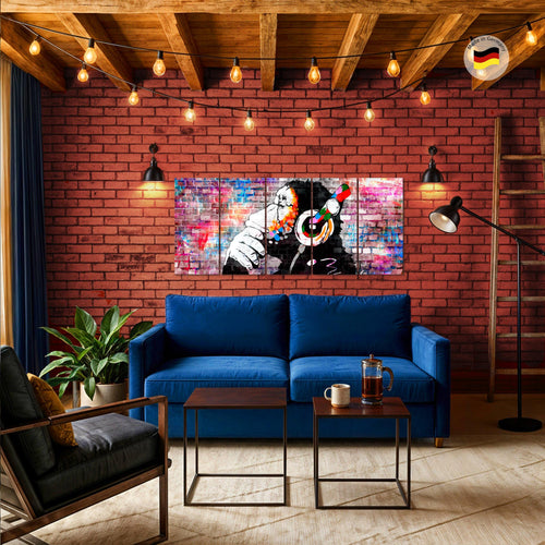 Runa Art Wandbilder XXL Street Art Wohnzimmer Schlafzimmer Büro 200 x 80 cm Affe 5 Teilig - Made in Germany - 042555c