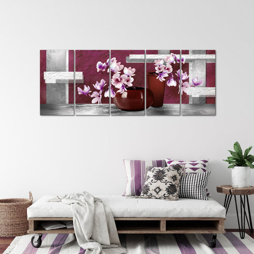 Runa Art Wandbild XXL Blumen Abstrakt Wohnzimmer Schlafzimmer 200 x 80 cm Grau Rot 5 Teilig - Made in Germany - 035255a
