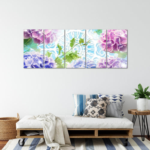 Runa Art Wandbild XXL Blumen Hortensien Wohnzimmer Schlafzimmer 200 x 80 cm Bunt 5 Teilig - Made in Germany - 017555b