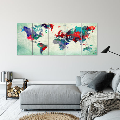 Runa Art Wandbild XXL Weltkarte Büro Wohnzimmer 200 x 80 cm Bunt Grün 5 Teilig - Made in Germany - 105155b