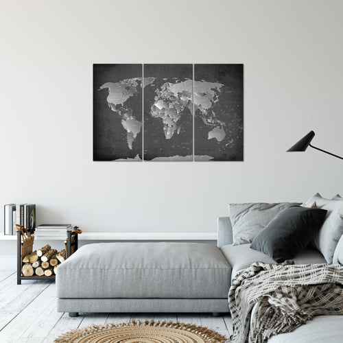 Runa Art Wandbilder Weltkarte Bild XXL Büro Wohnzimmer Schwarz Weiss Landkarte 120 x 80 cm 3 Teilig 107631b