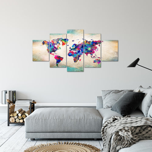 Runa Art Bild Büro Wohnzimmer Weltkarte 5 Teilig Vintage Kontinente Bunt Wandbilder auf Vlies Leinwand 013353a