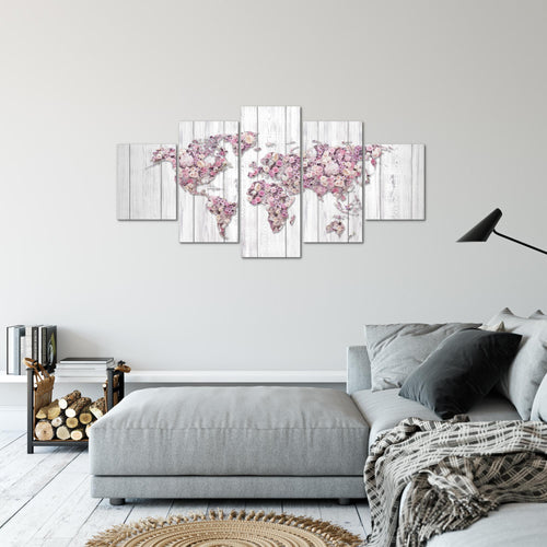 Runa Art Bild Wohnzimmer Schlafzimmer Weltkarte Blumen 5 Teilig Vintage Grau Rosa Wandbilder auf Vlies Leinwand 023253b