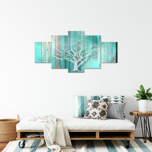 Runa Art Bild Wohnzimmer Baum Abstrakt 5 Teilig Holzmotiv Türkis Grau Wandbilder auf Vlies Leinwand 039953c