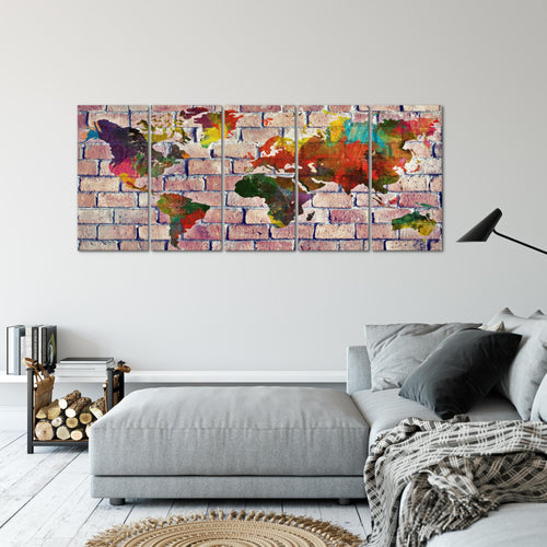 Runa Art Wandbild XXL Weltkarte Büro Wohnzimmer 200 x 80 cm Rot Bunt 5 Teilig - Made in Germany - 106955c