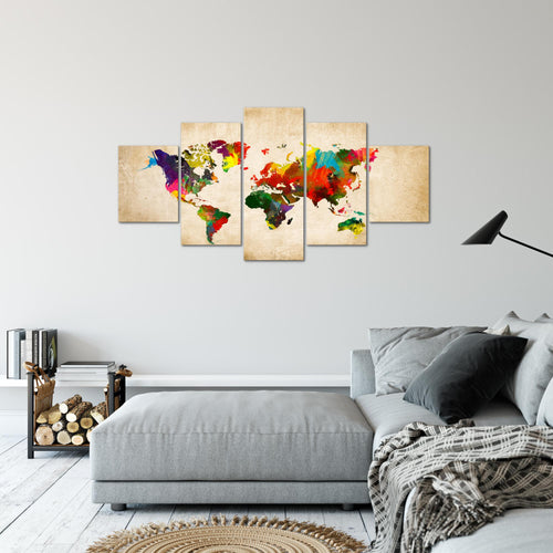 Runa Art Bild Büro Wohnzimmer Weltkarte 5 Teilig Kontinente Landkarte Bunt Wandbilder auf Vlies Leinwand 105153a