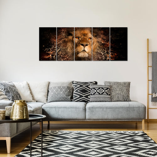 Runa Art Wandbild XXL Afrika Löwe Wohnzimmer Schlafzimmer 200 x 80 cm Schwarz Gold 5 Teilig - Made in Germany - 040755a