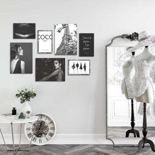 Novart Wandbilder Fashion - KOMPLETT AUFHÄNGFERTIG - Schwarz Weiss Wohnzimmer Mädchen Teenager - 7 Moderne Mood-Bilder - N000871a
