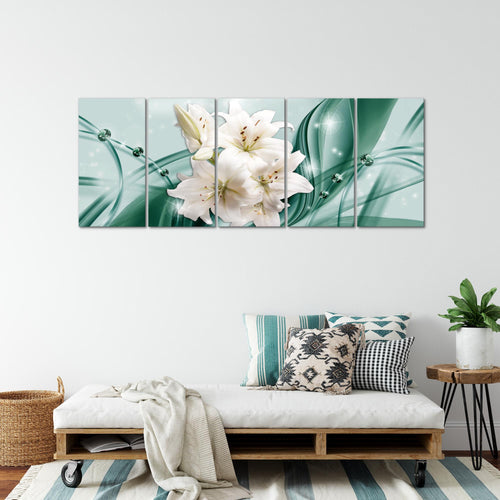 Runa Art Wandbild XXL Blumen Lilien Wohnzimmer Schlafzimmer 200 x 80 cm Grün 5 Teilig - Made in Germany - 017155b
