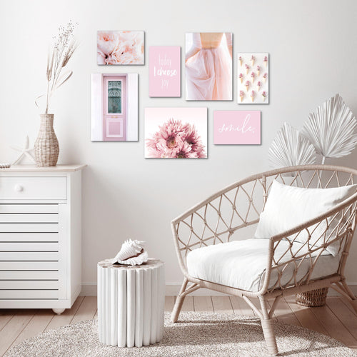 Novart Wandbilder Fashion - KOMPLETT AUFHÄNGFERTIG - Rosa Wohnzimmer Mädchen Teenager - 7 Moderne Mood-Bilder - N008471a