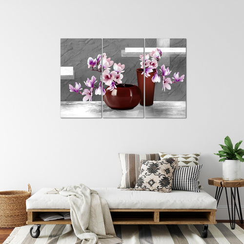 Runa Art Wandbilder Blumen Abstrakt Bild XXL Wohnzimmer Schlafzimmer Grau Rosa Blumenvase 120 x 80 cm 3 Teilig 035231c