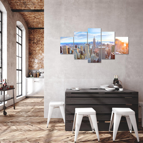 Runa Art Bild Wohnzimmer Büro New York Skyline 5 Teilig NY City Blau Beige Wandbilder auf Vlies Leinwand 010253a
