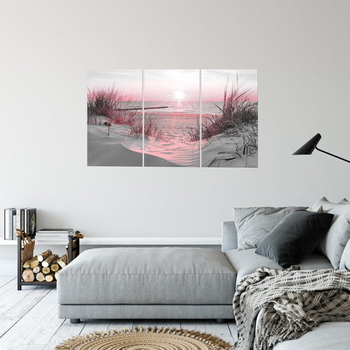 Runa Art Wandbilder Strand Sonnenuntergang Bild XXL Schlafzimmer Wohnzimmer Rosa Grau Meer Natur 120 x 80 cm 3 Teilig 041731b