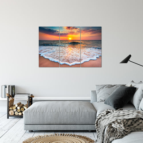 Runa Art Wandbilder Strand Meer Bild XXL Wohnzimmer Schlafzimmer Orange Sonnenuntergang 120 x 80 cm 3 Teilig 044531a
