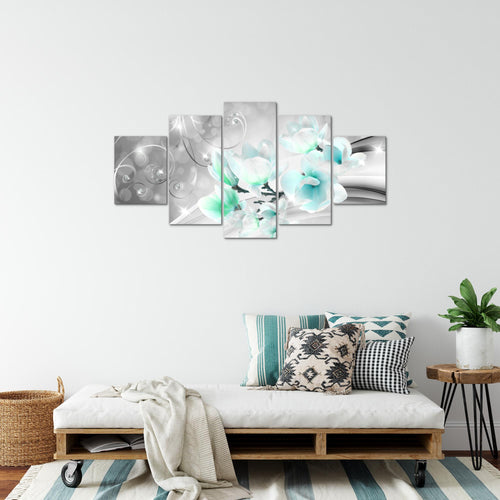 Runa Art Bild Wohnzimmer Schlafzimmer Blumen Abstrakt 5 Teilig Diamant Grau Türkis Wandbilder auf Vlies Leinwand 035353c