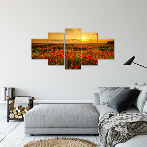 Runa Art Bild Wohnzimmer Schlafzimmer Mohnblumen 5 Teilig Blumenwiese Sonnenutergang Rot Wandbilder auf Vlies Leinwand 043953a