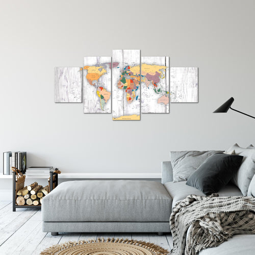 Runa Art Bild Büro Wohnzimmer Weltkarte Holz 5 Teilig Kontinente Weiss Wandbilder auf Vlies Leinwand 108753c