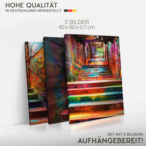 Novart Bilder Set Street Art - KEIN EXTRA RAHMEN BENÖTIGT - Wandbilder für Wohnzimmer Schlafzimmer Büro - 3 Teilig Deko Treppenhaus - N043136a