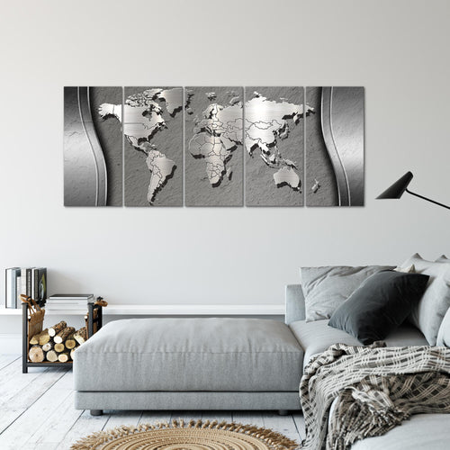 Runa Art Wandbild XXL Weltkarte Büro Wohnzimmer 200 x 80 cm Silber 5 Teilig - Made in Germany - 107255b