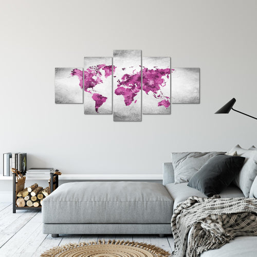 Runa Art Bild Büro Wohnzimmer Weltkarte 5 Teilig Vintage Rosa Grau Wandbilder auf Vlies Leinwand 013353c