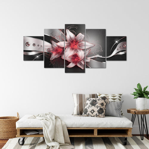 Runa Art - Bilder Blumen Lilien 200 x 100 cm 5 Teilig XXL Wanddekoration Design Schwarz Rot 039651c