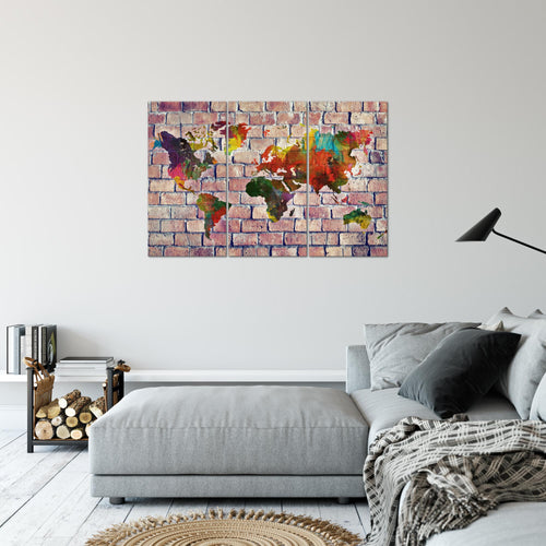 Runa Art Wandbilder Weltkarte Bild XXL Büro Wohnzimmer Rot Bunt Ziegelwand 120 x 80 cm 3 Teilig 106931c