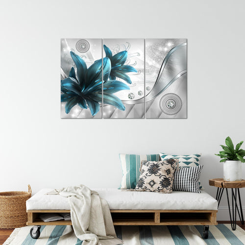 Runa Art Wandbilder Blumen Lilien Bild XXL Wohnzimmer Schlafzimmer Grau Blau Abstrakt 120 x 80 cm 3 Teilig 036831c