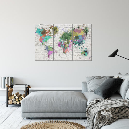 Runa Art Wandbilder Weltkarte Bild XXL Büro Wohnzimmer Bunt Ziegelwand 120 x 80 cm 3 Teilig 107531c