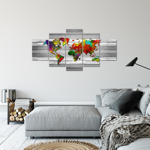 Runa Art Bild Büro Wohnzimmer Weltkarte 5 Teilig Kontinente Holz Bunt Wandbilder auf Vlies Leinwand 105453b
