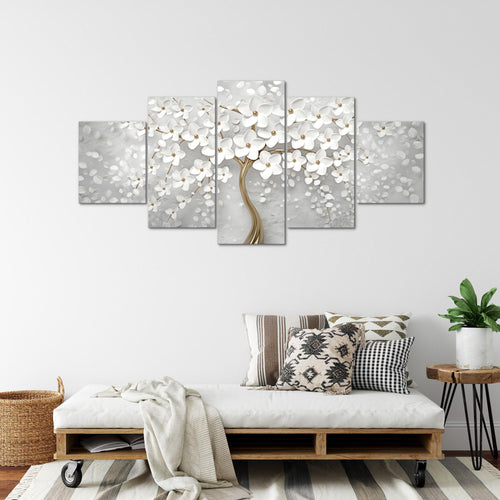 Runa Art - Bilder Blumen 200 x 100 cm 5 Teilig XXL Wanddekoration Design Weiss Gold 039751a