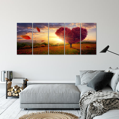Runa Art Wandbild XXL Herbst Baum Herz Wohnzimmer Schlafzimmer 200 x 80 cm Rot Blau 5 Teilig - Made in Germany - 605855a