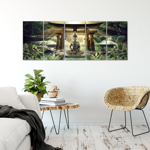 Runa Art Wandbild XXL Feng Shui Buddha Wohnzimmer Schlafzimmer 200 x 80 cm Grün Braun 5 Teilig - Made in Germany - 036455a
