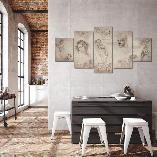 Runa Art - Bilder Berühmte Maler 200 x 100 cm 5 Teilig XXL Wanddekoration Design Skizzen Beige 010351a