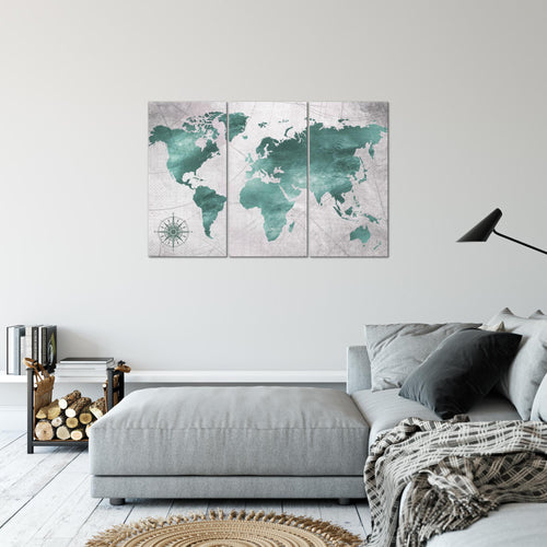 Runa Art Wandbilder Weltkarte Bild XXL Büro Wohnzimmer Grün Grau Vintage 120 x 80 cm 3 Teilig 026031c