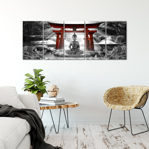 Runa Art Wandbild XXL Feng Shui Buddha Wohnzimmer Schlafzimmer 200 x 80 cm Rot Grau 5 Teilig - Made in Germany - 036455c