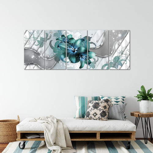 Runa Art Wandbild XXL Blumen Lilien Wohnzimmer Schlafzimmer 200 x 80 cm Grau Türkis 5 Teilig - Made in Germany - 016555a