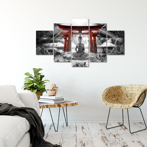Runa Art Bild Wohnzimmer Schlafzimmer Feng Shui Buddha 5 Teilig Zen Rot Grau Wandbilder auf Vlies Leinwand 036453c