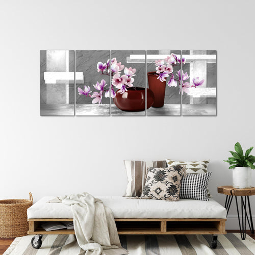 Runa Art Wandbild XXL Blumen Abstrakt Wohnzimmer Schlafzimmer 200 x 80 cm Grau Rosa 5 Teilig - Made in Germany - 035255c