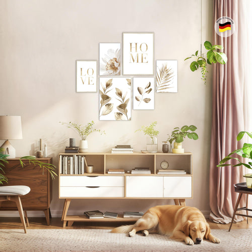 Novart Wandbilder Set Boho Gold Blätter Home - KEIN EXTRA RAHMEN BENÖTIGT -  Modern Deko  - Wohnzimmer Schlafzimmer N021563a