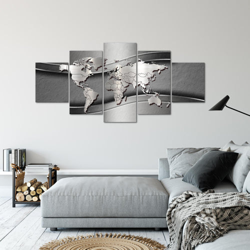 Runa Art - Bilder Weltkarte 200 x 100 cm 5 Teilig XXL Wanddekoration Design Silber 107251b