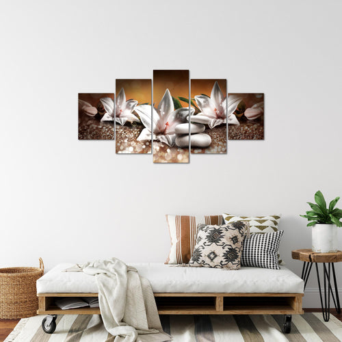 Runa Art Bild Wohnzimmer Schlafzimmer Blumen Lilien 5 Teilig Abstrakt Beige Braun Wandbilder auf Vlies Leinwand 035853a