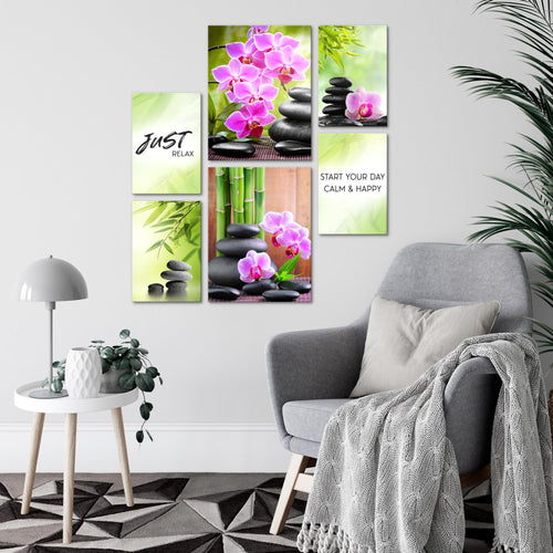 Novart Wandbilder Set Feng Shui Zen Stein Grün Lila - KEIN EXTRA RAHMEN BENÖTIGT -  Modern Deko  - Wohnzimmer Schlafzimmer N003463a