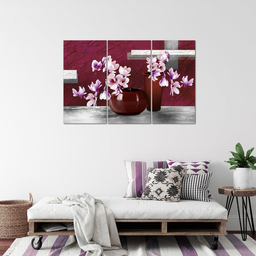 Runa Art Wandbilder Blumen Abstrakt Bild XXL Wohnzimmer Schlafzimmer Grau Rot Blumenvase 120 x 80 cm 3 Teilig 035231a