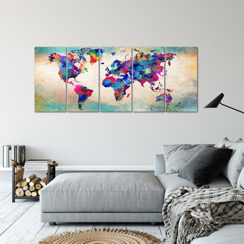 Runa Art Wandbild XXL Weltkarte Büro Wohnzimmer 200 x 80 cm Bunt 5 Teilig - Made in Germany - 013355a