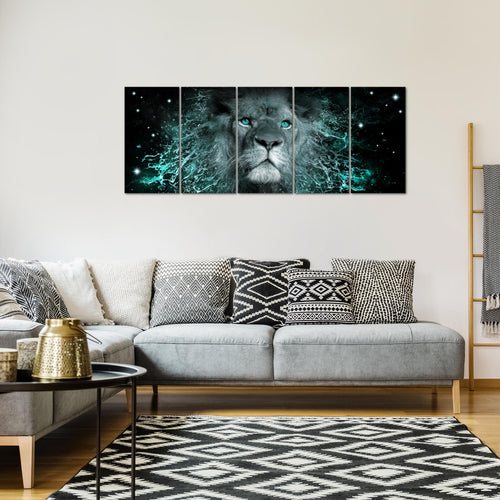 Runa Art Wandbild XXL Afrika Löwe Wohnzimmer Schlafzimmer 200 x 80 cm Schwarz Türkis 5 Teilig - Made in Germany - 040755b