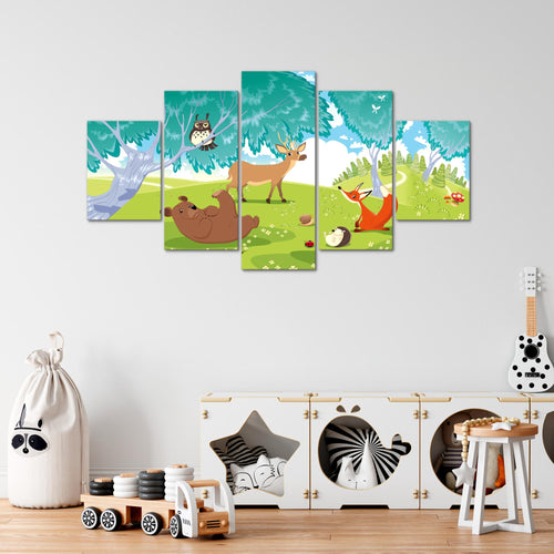 Runa Art Bild Spielzimmer Baby Waldtiere 5 Teilig Kinderzimmer Junge Mädchen Wandbilder auf Vlies Leinwand 001853c