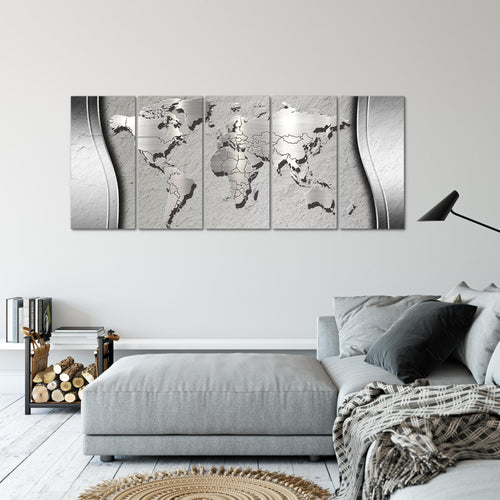 Runa Art Wandbild XXL Weltkarte Büro Wohnzimmer 200 x 80 cm Grau 5 Teilig - Made in Germany - 107255c