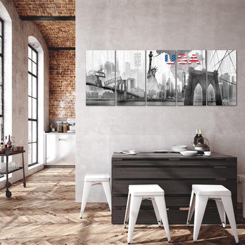 Runa Art Wandbild XXL New York Wohnzimmer Büro 200 x 80 cm Schwarz Weiss 5 Teilig - Made in Germany - 034755c